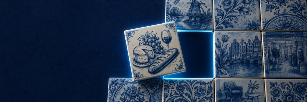 Franse producten vinden hun plaats in Nederland, verbeeld met moderne Delftsblauwe tegels
