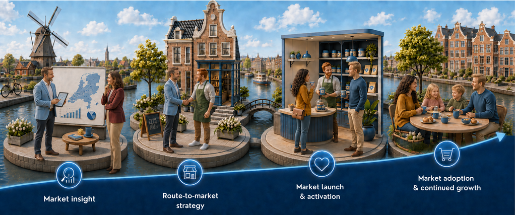 The four phases of Remarqué’s Go-to-Market and Market Development model: market insight, route-to-market strategy, market launch and activation, and market adoption and continued growth